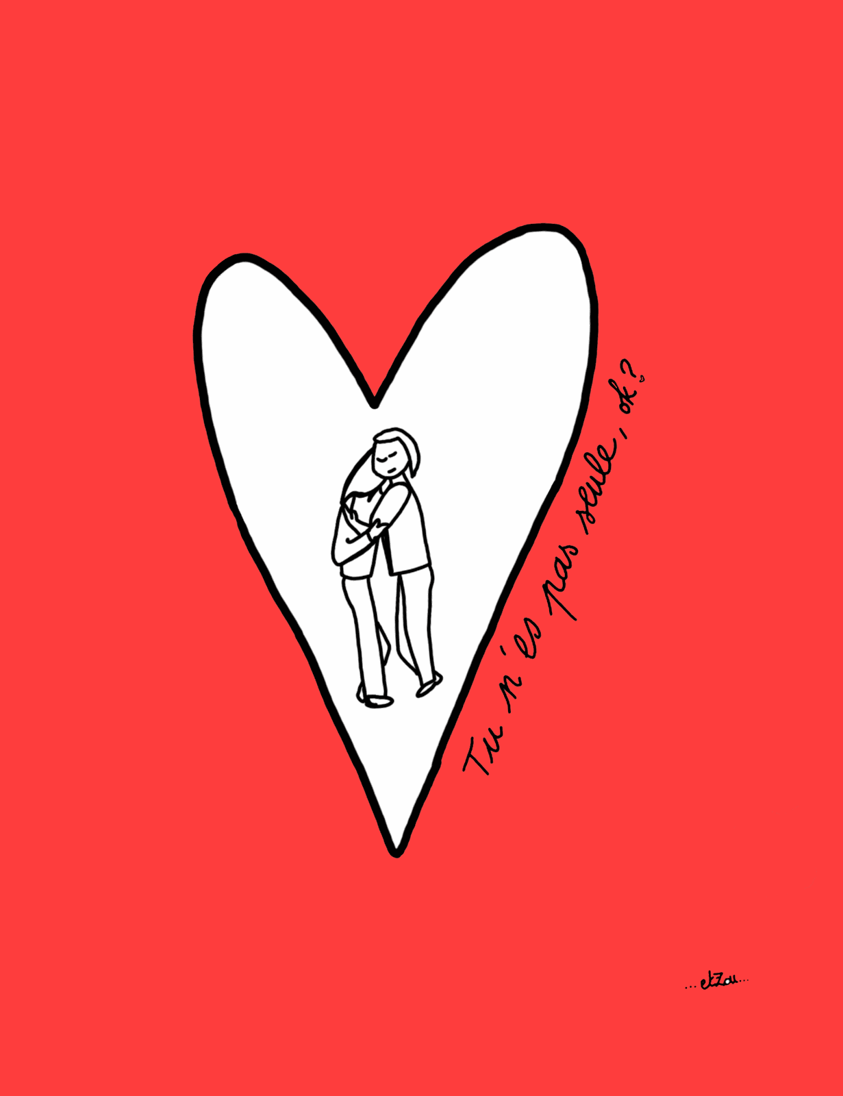 Carte postale rouge Et Zou — grand cœur blanc et personnage à l'encre