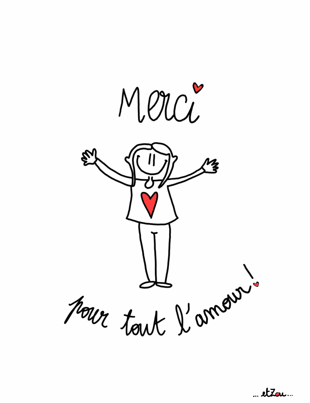 Carte postale illustrée « Merci pour tout l'amour » — personnage au cœur rouge, dessin à l'encre