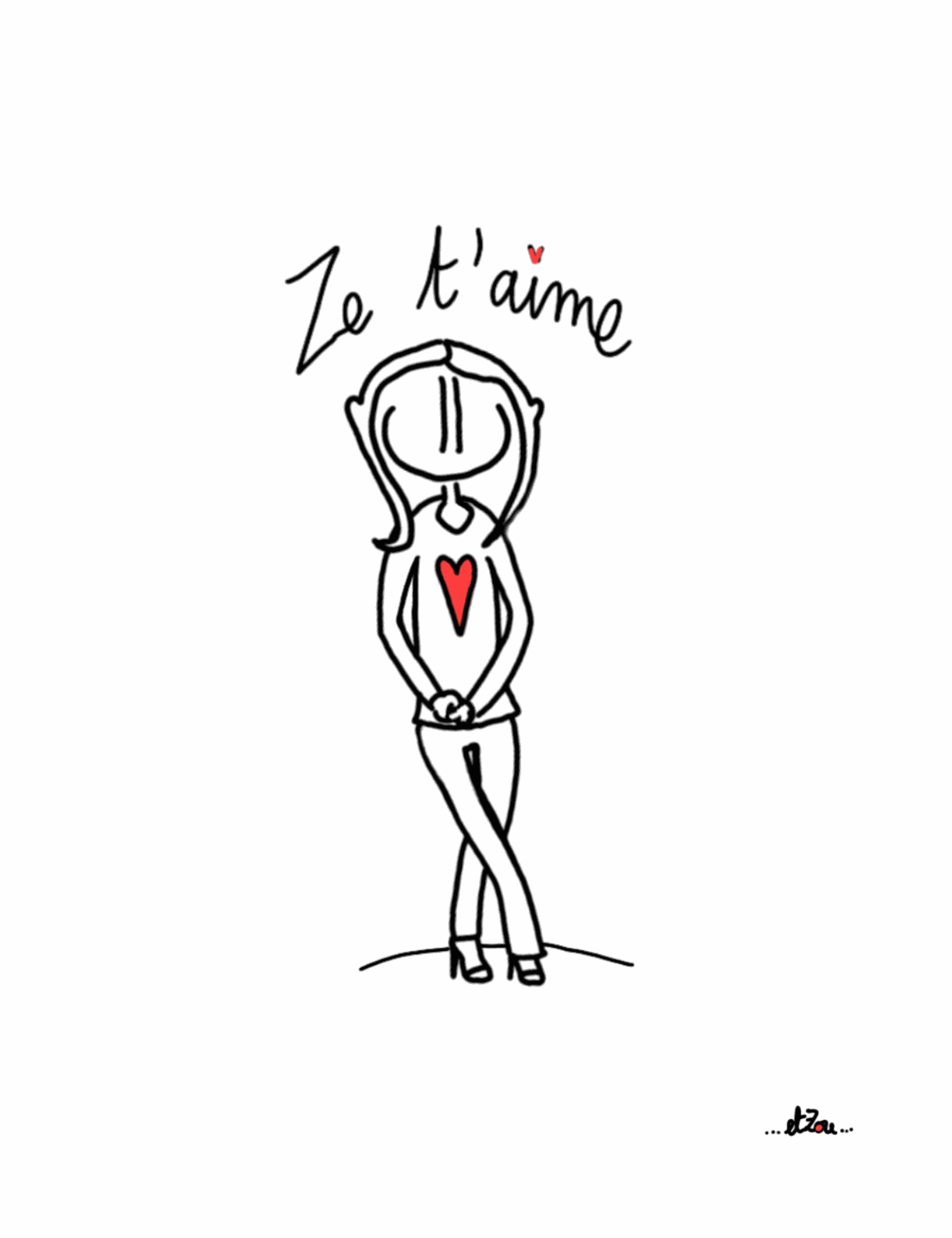 Carte postale illustrée « Ze t'aime » — personnage aux bras levés, cœur rouge