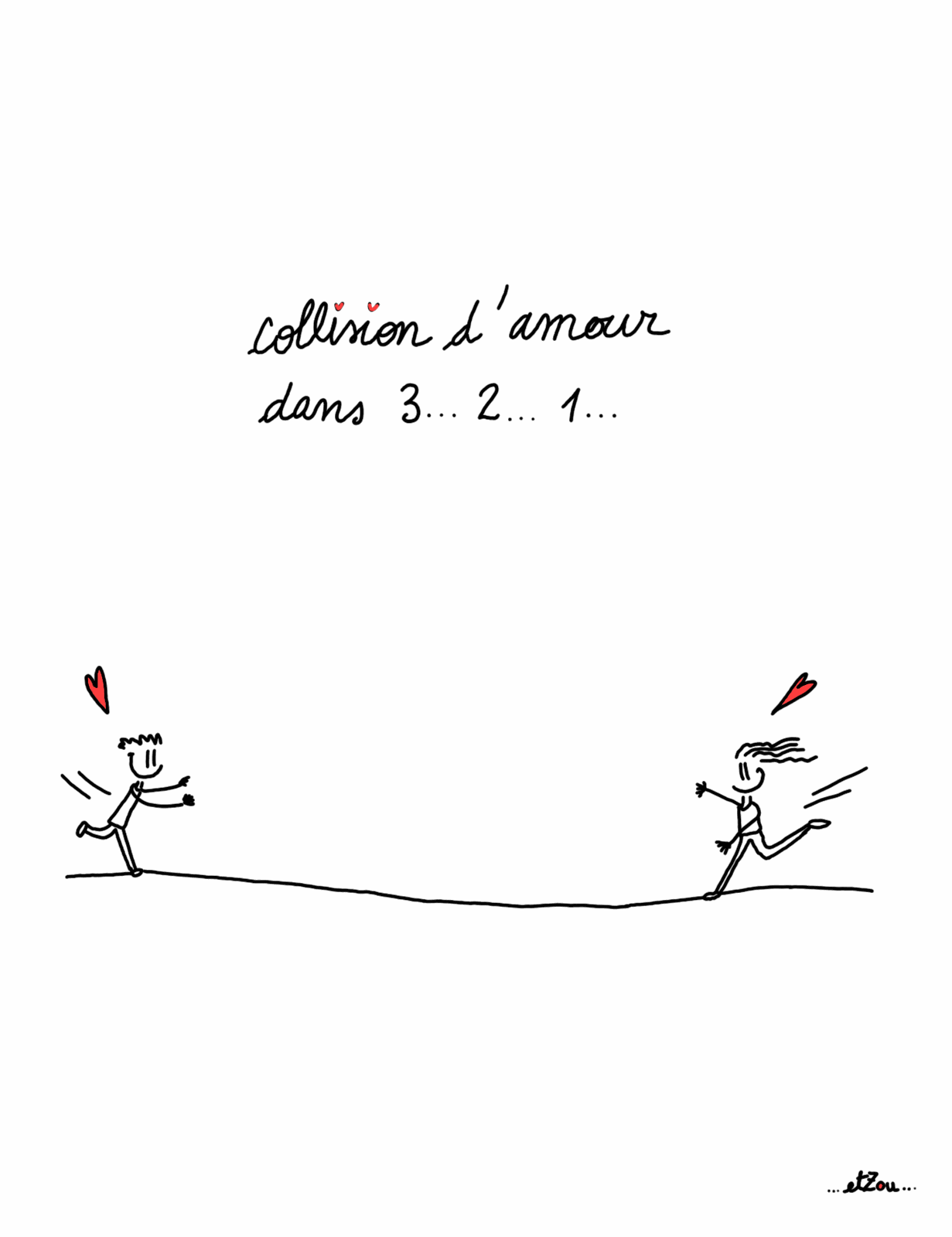 Carte postale illustrée « Collision d'amour dans 3… 2… 1… » — deux personnages qui courent l'un vers l'autre