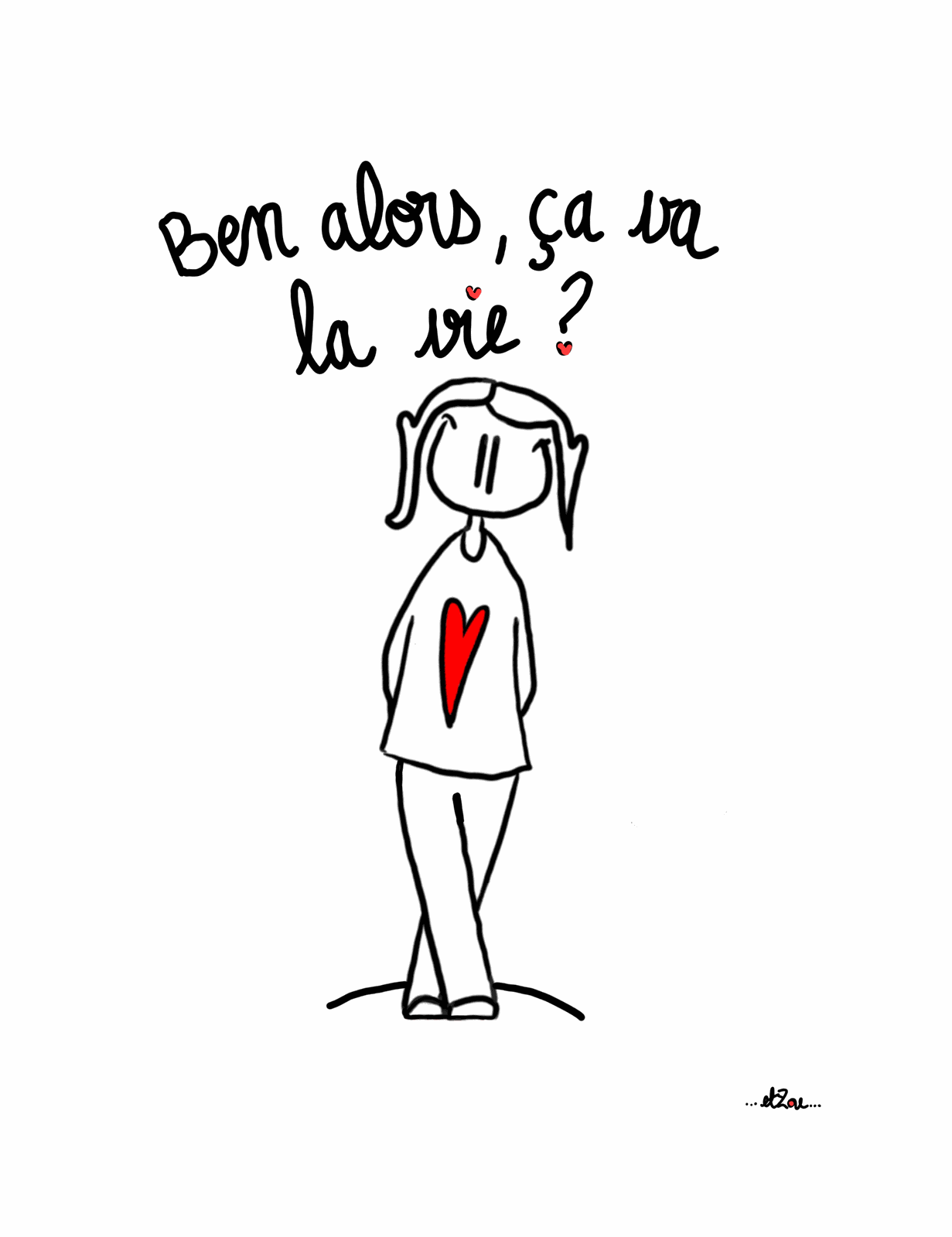 Carte postale illustrée « Ben alors, ça va la vie ? » — personnage au cœur rouge