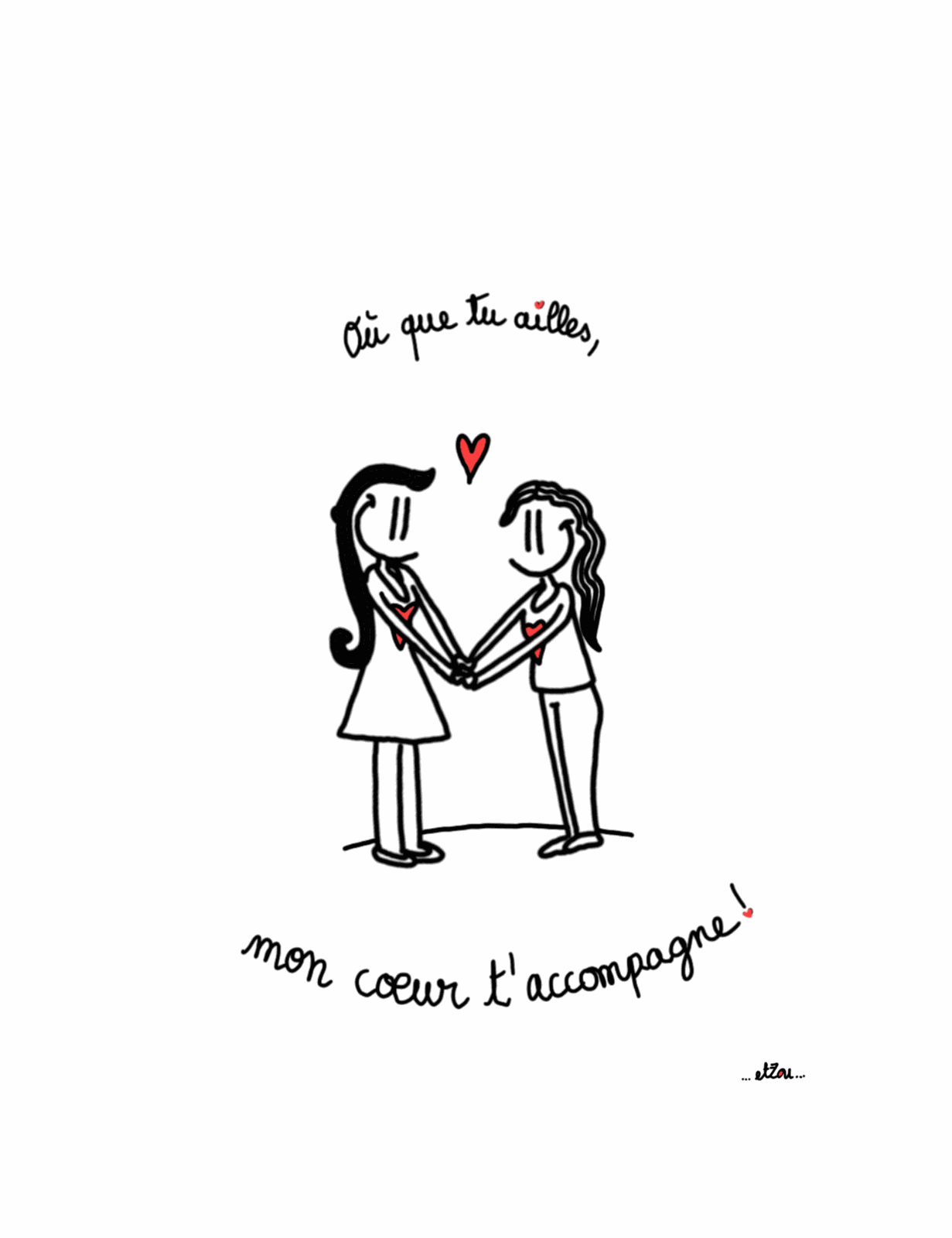 Carte postale illustrée « Où que tu ailles, mon cœur t'accompagne » — deux personnages main dans la main