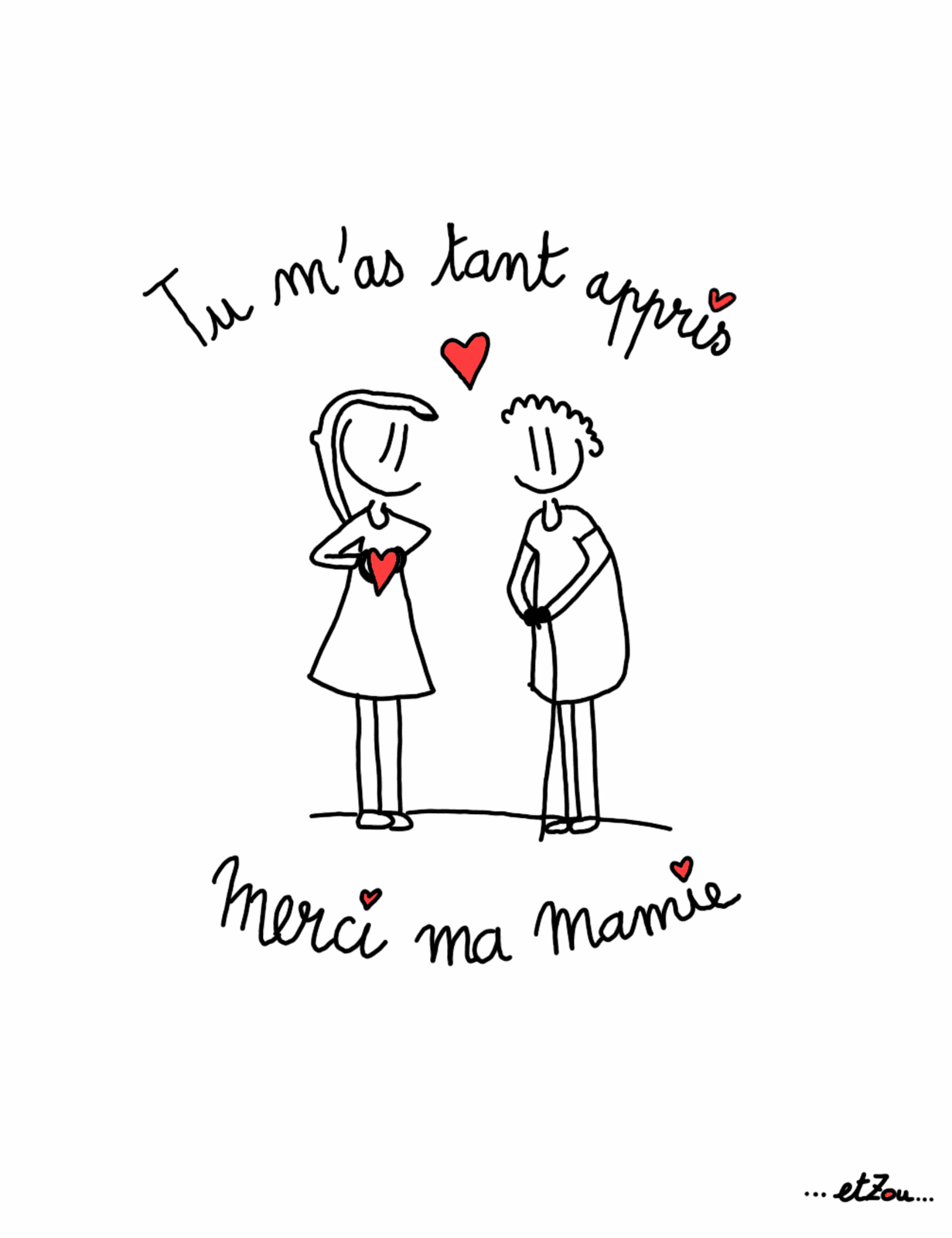 Carte postale illustrée « Merci ma mamie » — deux personnages face à face