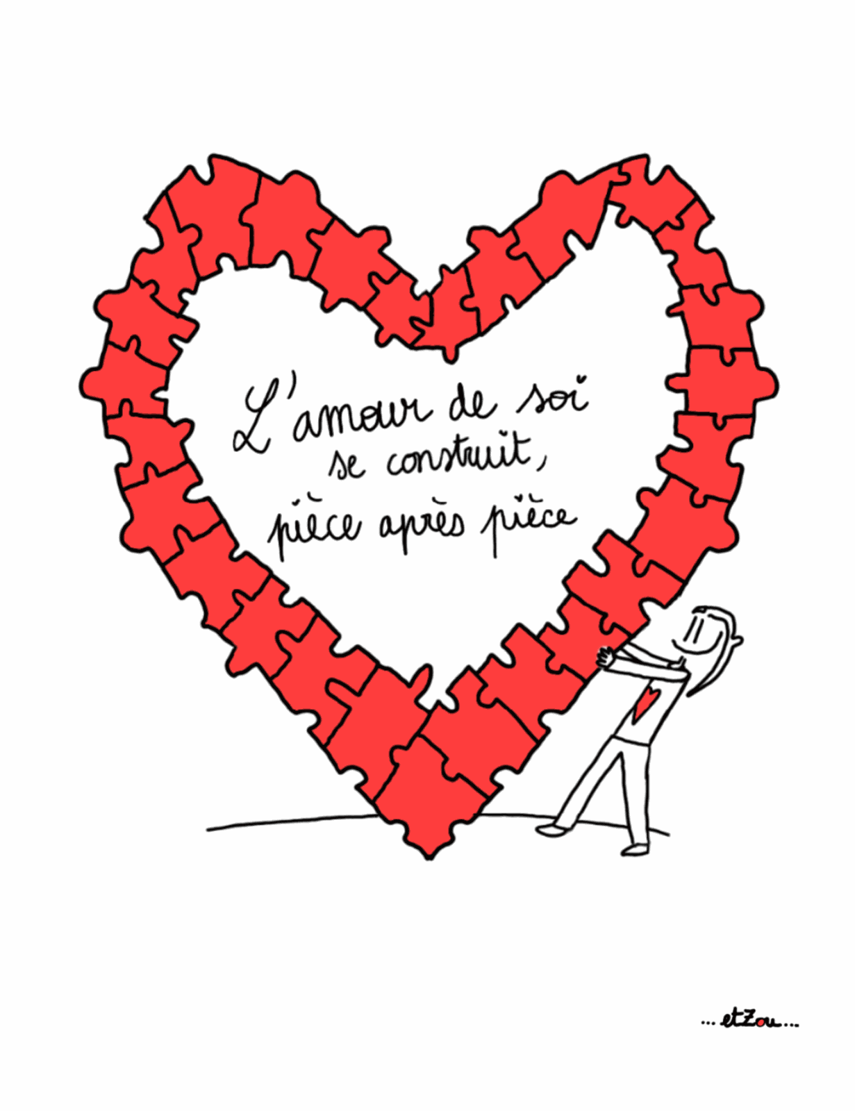 Carte postale illustrée « L'amour de soi se construit, pièce après pièce » — grand cœur rouge