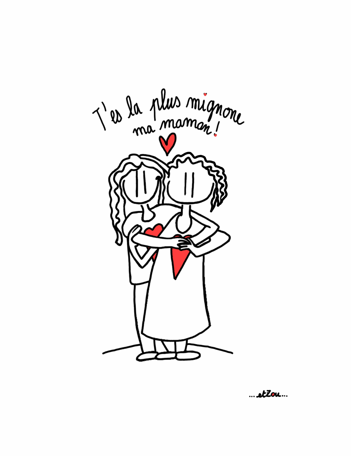 Carte postale illustrée « T'es la plus mignonne ma maman » — mère et enfant enlacés