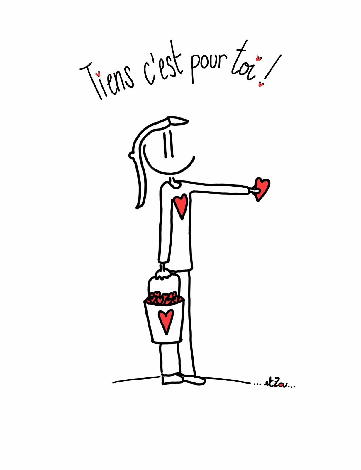 « Tiens, c'est pour toi ! » — personnage offrant un cœur, seau rempli de cœurs